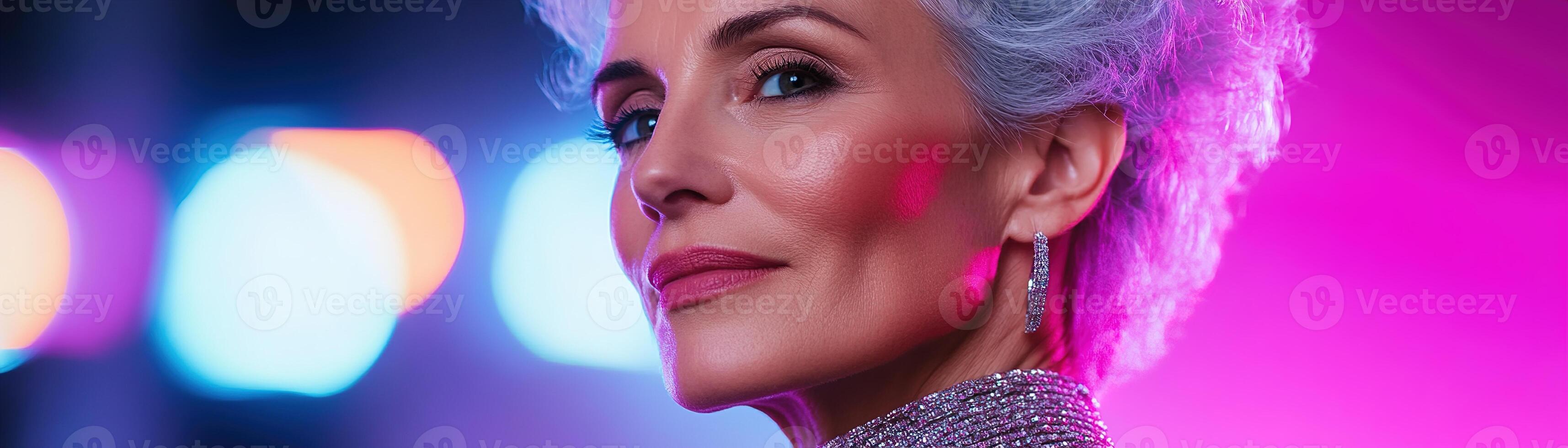 A confident senior woman with silver hair elegantly moves to the rhythm in a lively dance club, surrounded by soft neon lights that create a captivating atmosphere photo