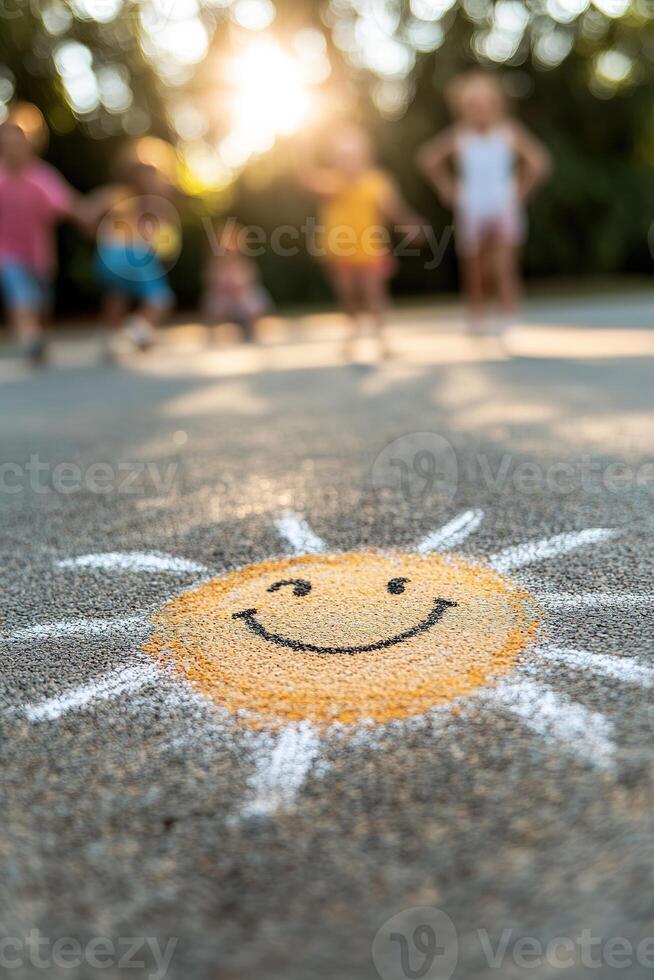 A cheerful chalk drawing of a smiling sun brightens the concrete floor of a school playground. In the background, children play joyfully on a warm afternoon, creating a nostalgic atmosphere photo