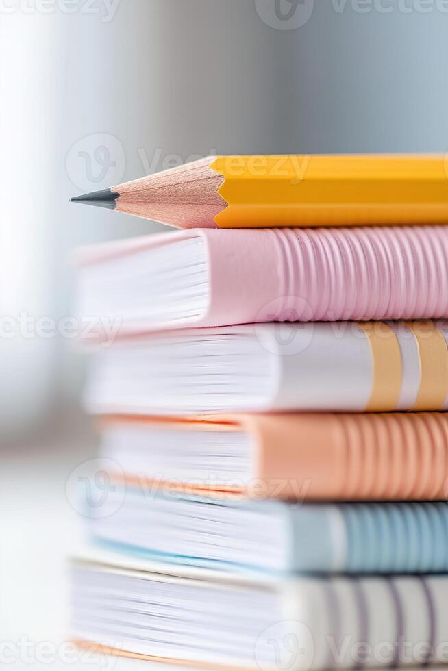 A bright and colorful collection of notebooks is organized on a school desk, finished with a sharpened pencil on top, embodying a productive and studious environment photo