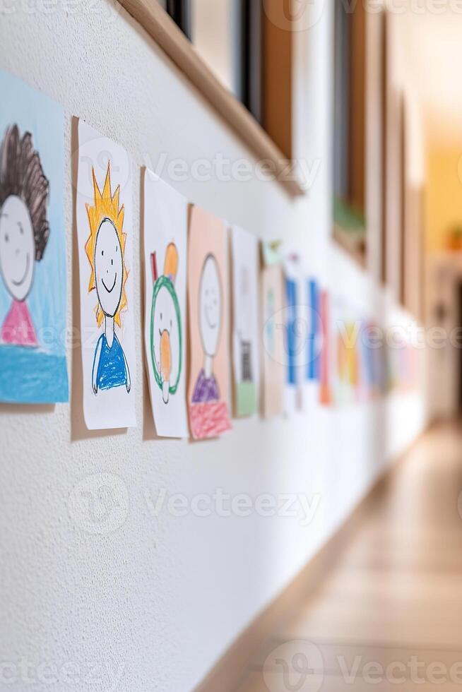 A vibrant row of colorful childrens drawings is taped to a classroom wall, enhanced by natural light. The soft-focus background reveals an inviting space for creativity photo