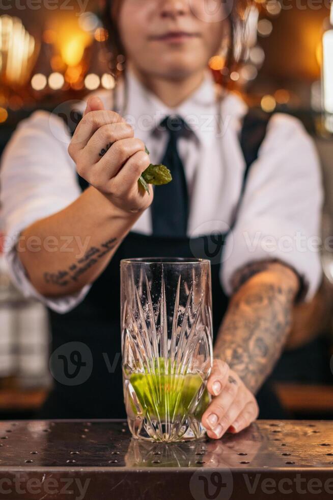 Bartender preparing a mojito in a cocktail bar photo