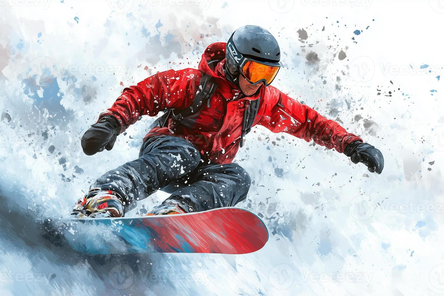 Snowboarder riding fresh powder snow on snowy mountain slope photo