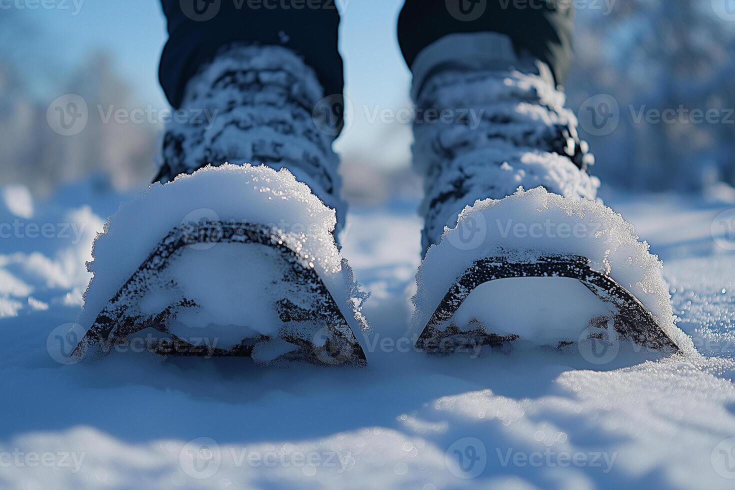 Snowshoeing in fresh snow on sunny winter day photo