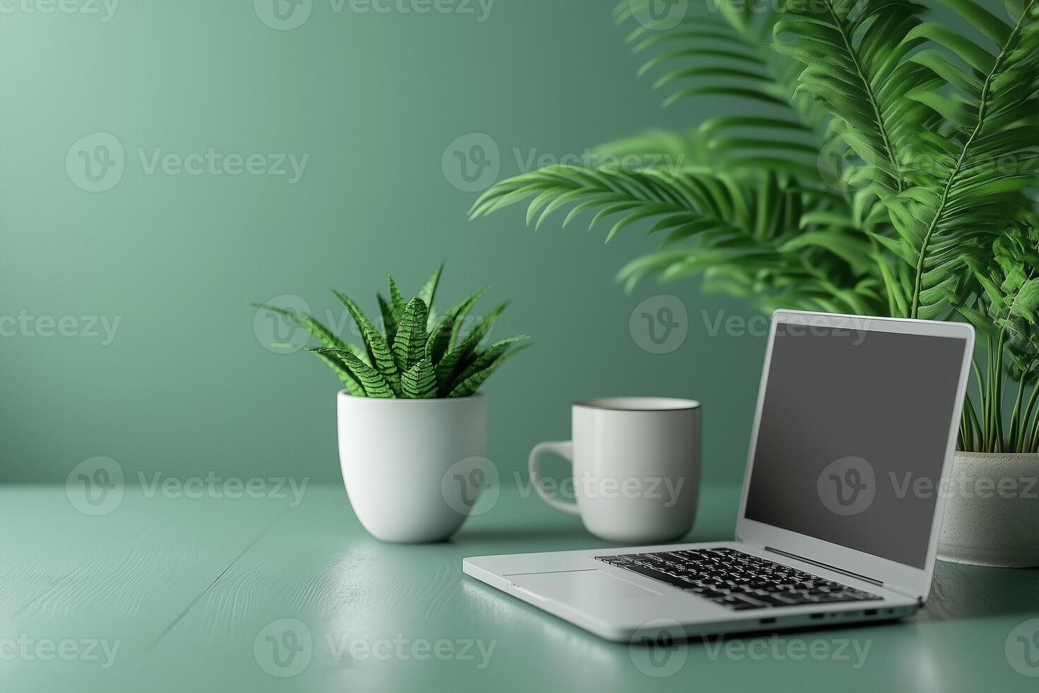 Laptop, coffee mug and plants creating relaxing workspace on green desk hostingcore copy space photo