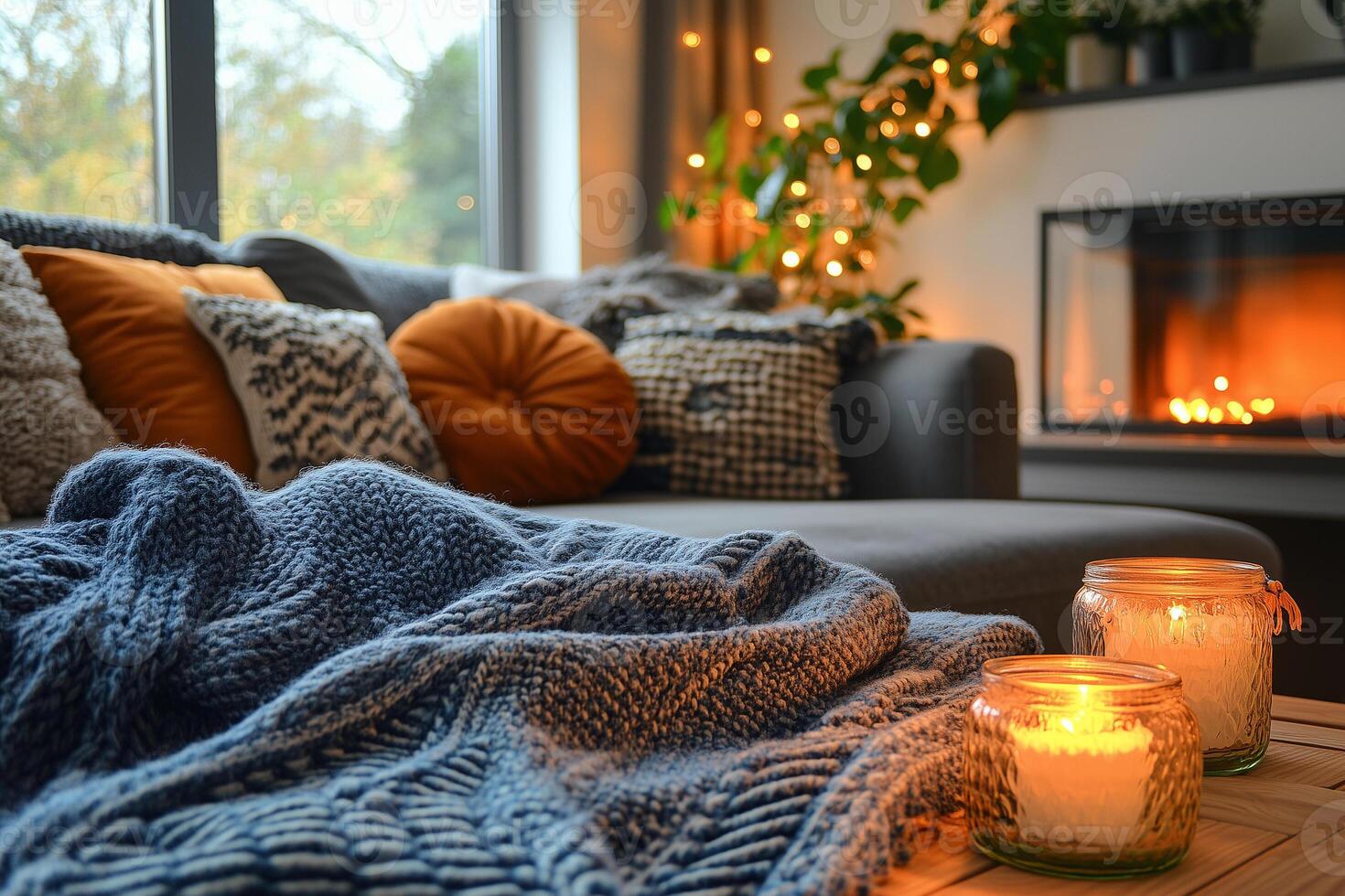 Cozy home interior with burning fireplace and lit candles creating warm atmosphere hostingcore photo