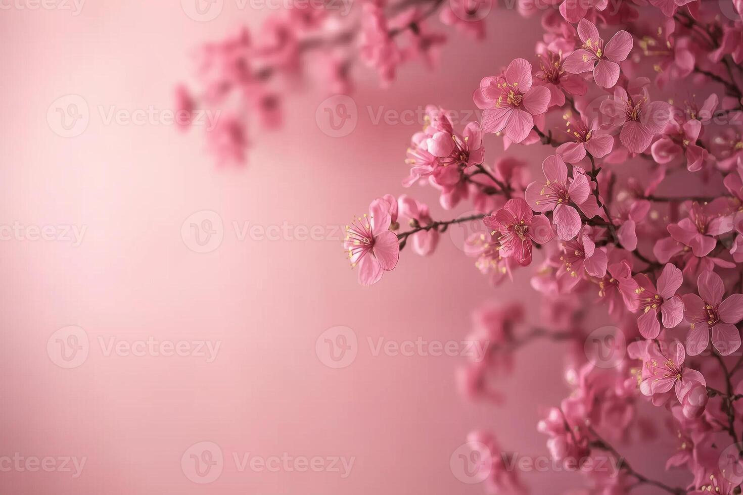 Delicate pink cherry blossom branch blooming against soft pastel gradient, symbolizing springtime renewal for design elements copy space photo
