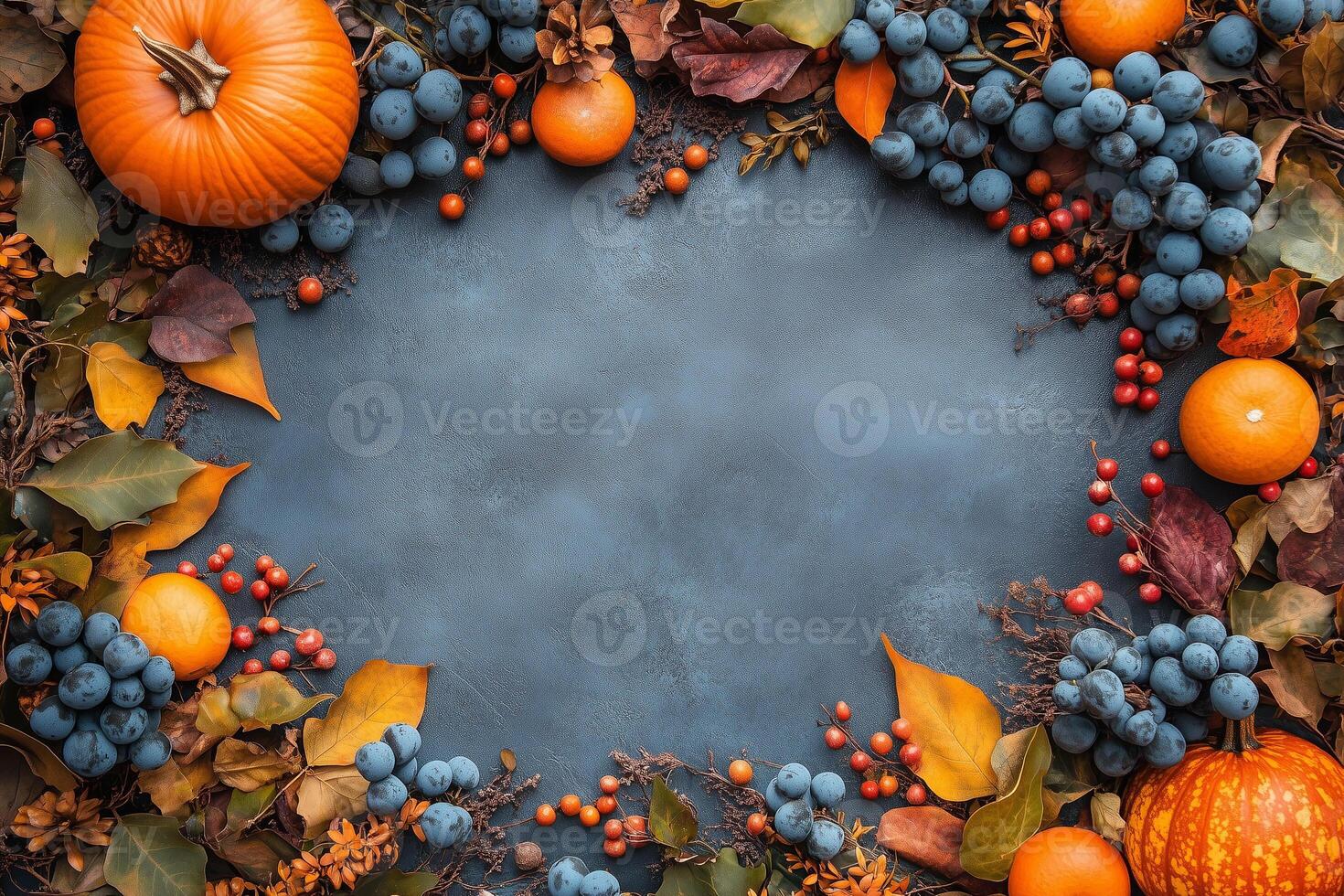 Autumnal frame of pumpkins, grapes, and leaves creating space for text hostingcore copy space photo