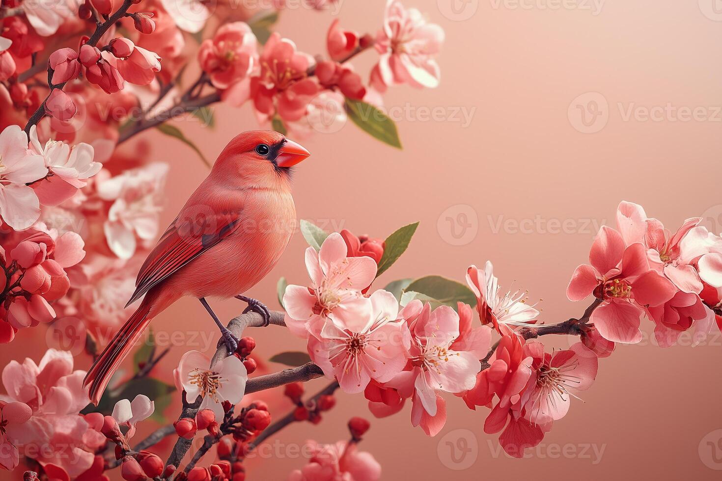 Cardinal perching on blossoming branch, soft pink backdrop highlighting seasonal awakening and natural elegance copy space photo