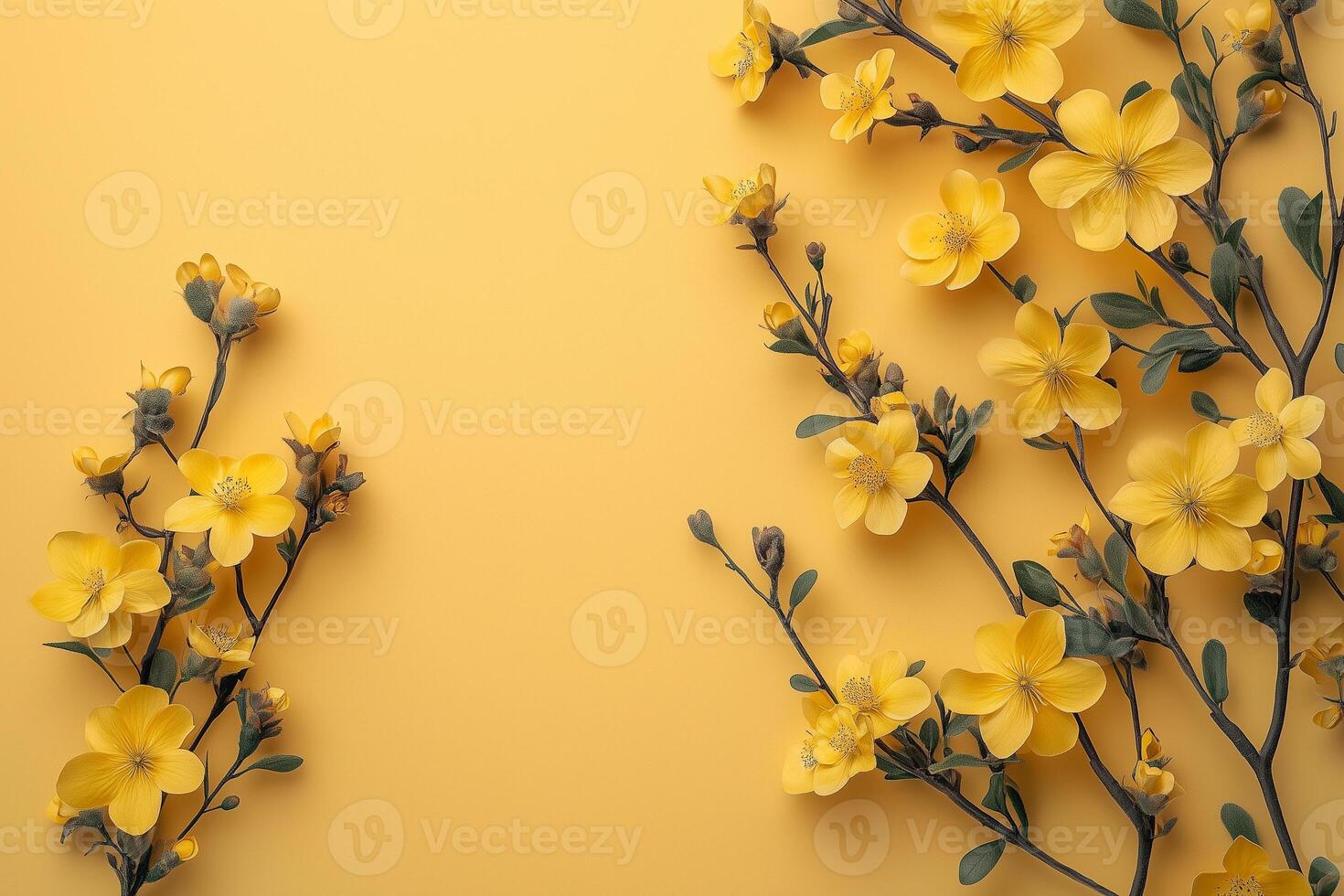 Yellow flowers blooming on a matching yellow background, creating a vibrant and cheerful spring design with copy space for text photo