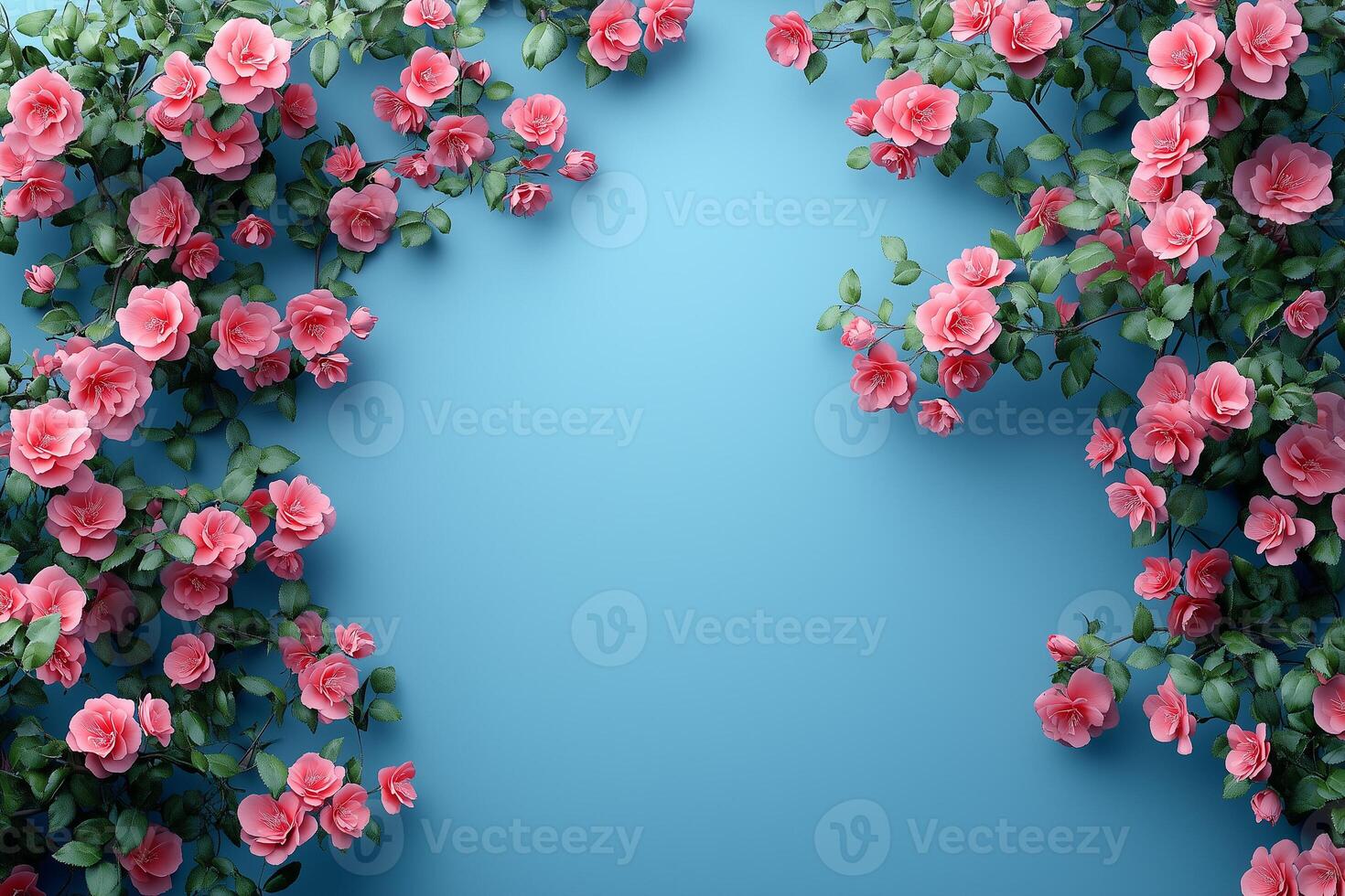 Soft pink roses forming elegant botanical frame against bright blue backdrop, spring color palette copy space photo