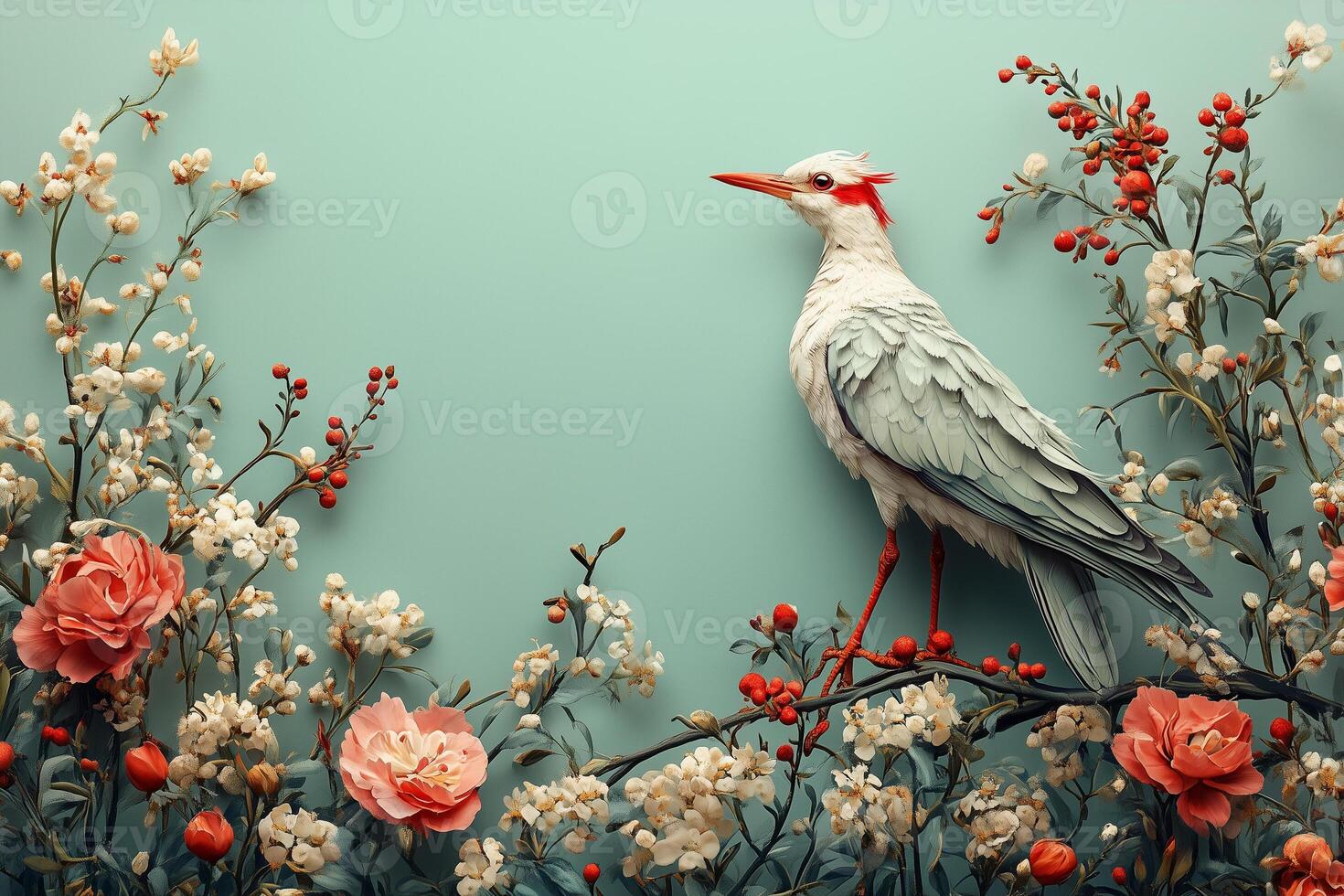 Beautiful bird resting on flowering branches with copy space, perfect for springtime themes, business cards, and emails photo