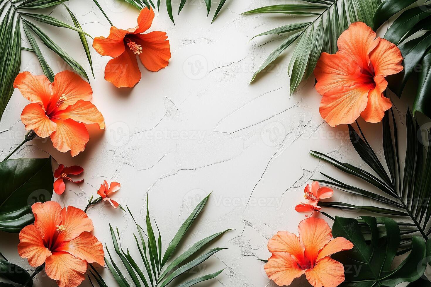 Vibrant orange hibiscus blossoms and lush tropical greenery framing white textured surface, ideal for seasonal graphic design with ample negative space photo