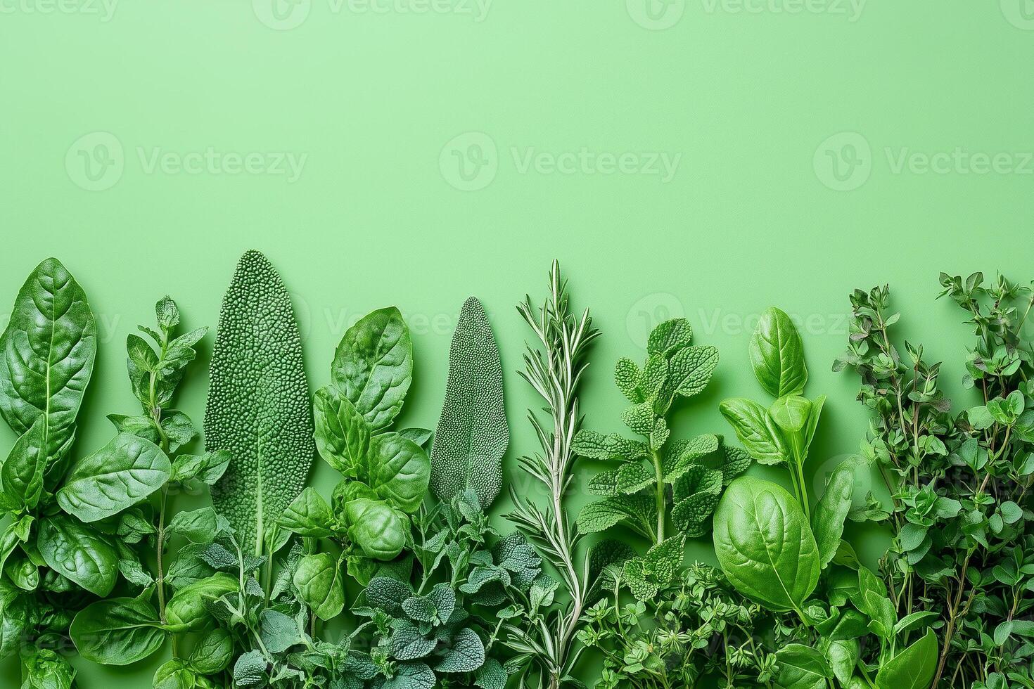 Sprigs of various fresh culinary herbs arranged on a vibrant green background, copy space for text or design elements photo