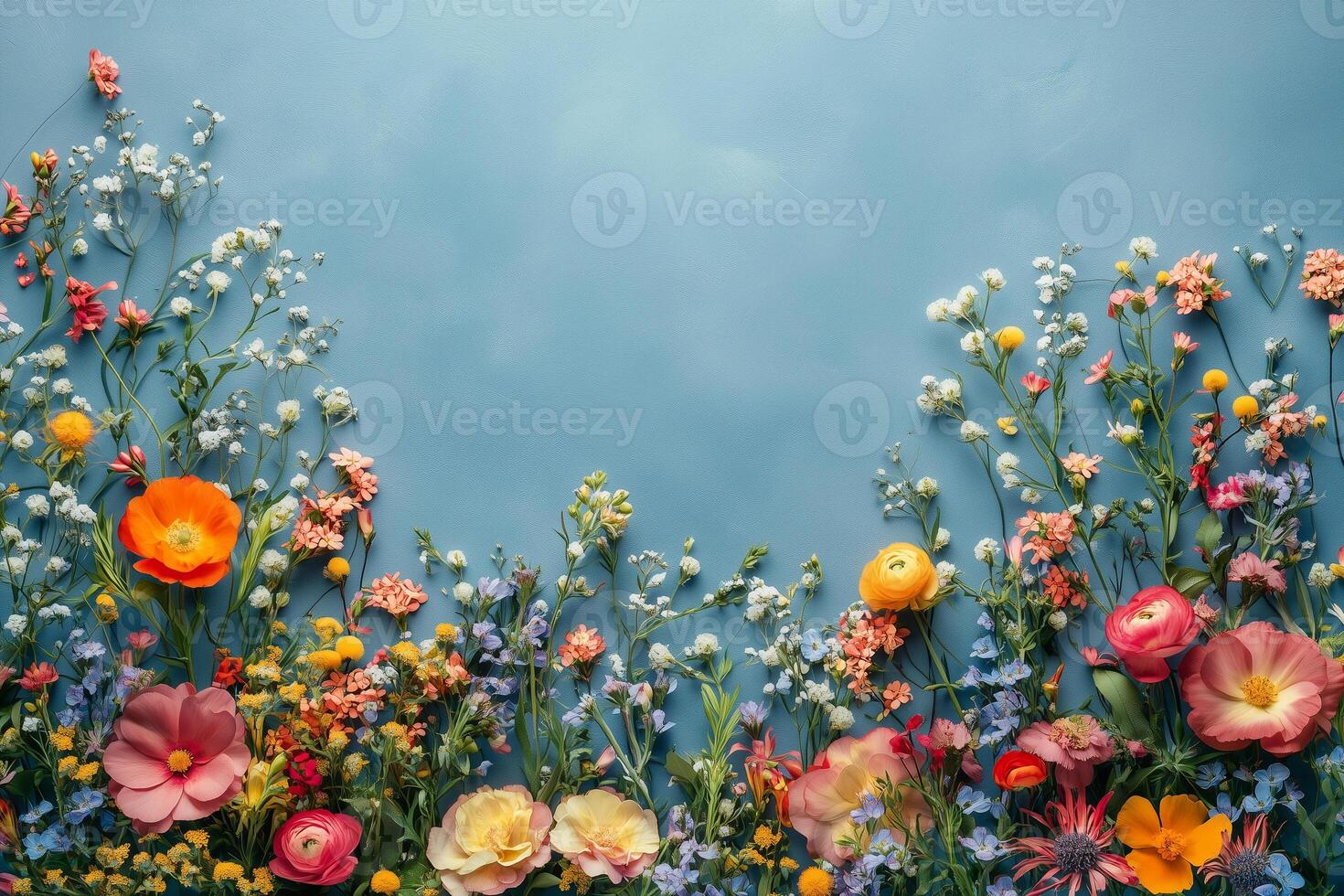 Vibrant spring flowers create a beautiful border on a pastel blue background, offering ample copy space for text or design elements photo