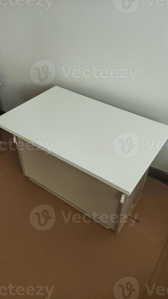 Installing modern furniture, white cabinet being assembled in prague apartment photo