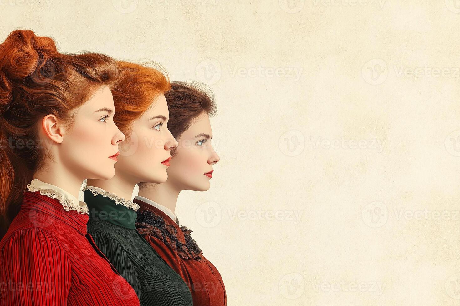 Three suffragettes posing together for women's suffrage movement copy space photo