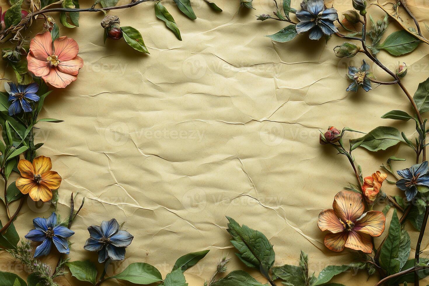 Dried flowers framing crumpled parchment paper for women's history month copy space photo
