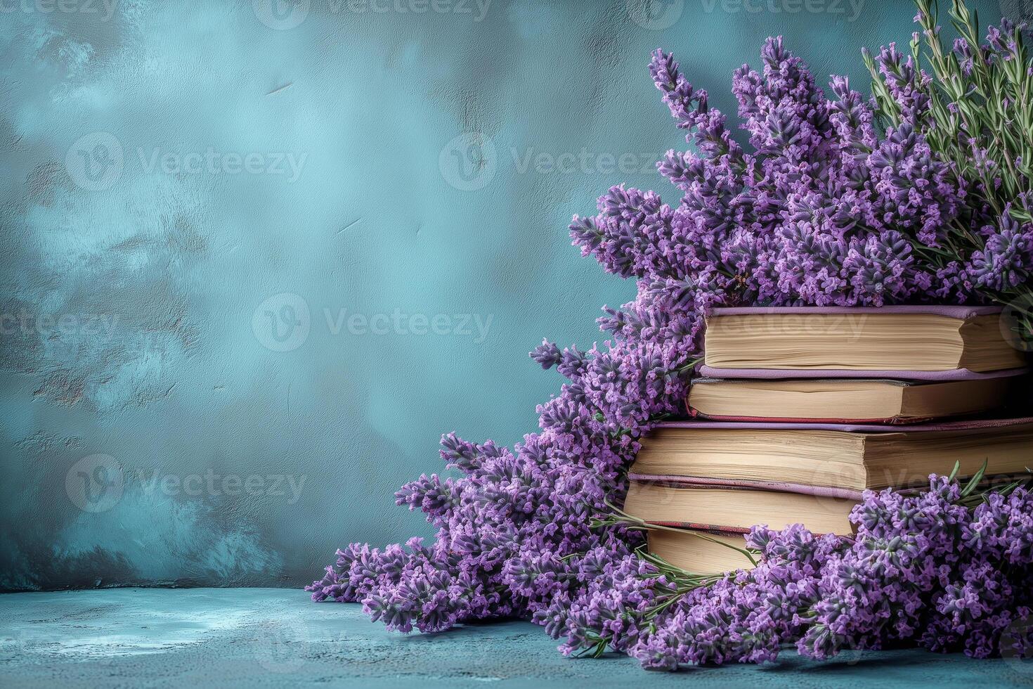 Vintage book collection nestled among lavender blooms against textured teal surface Knowledge Day copy space photo