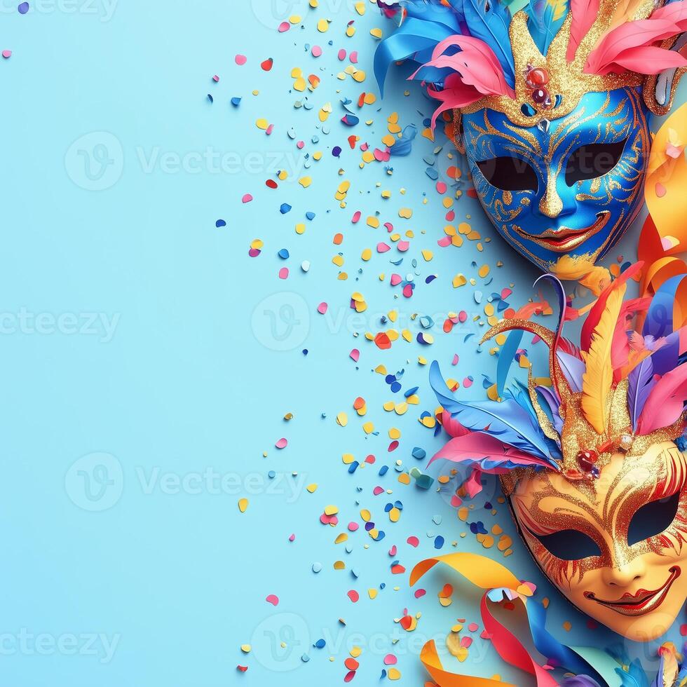 carnival masks feathered, glittery details sitting atop light blue surface with scattered confetti, ribbons copy space photo