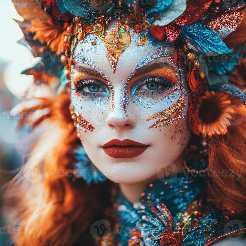 Close up of a woman with vibrant, artistic makeup and a headdress adorned with colorful flowers and glitter, embodying the festive spirit of carnival photo
