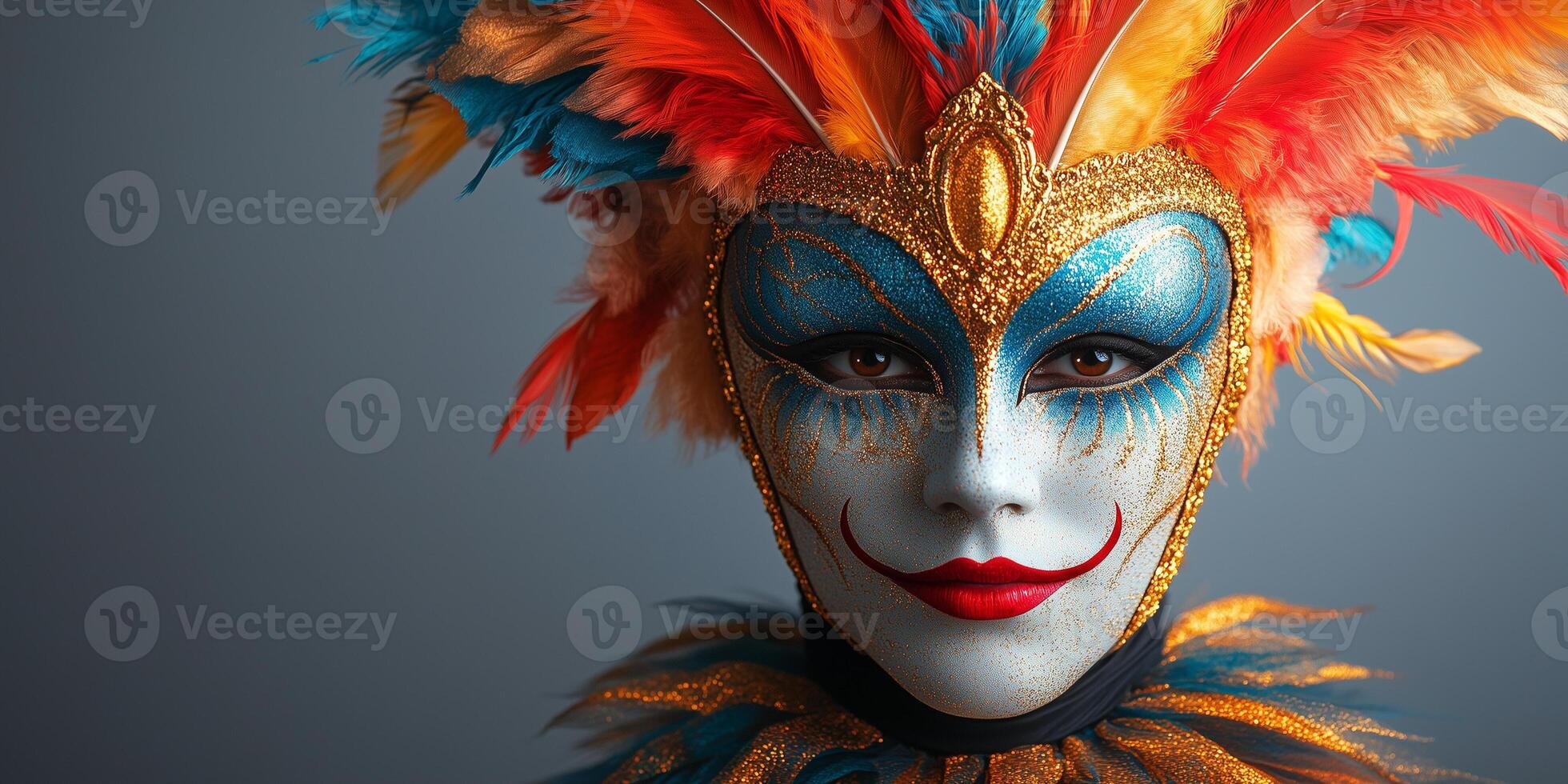 Man sporting elaborate carnival mask adorned with vibrant feathers with gray background, embodying mysterious festive allure copy space photo