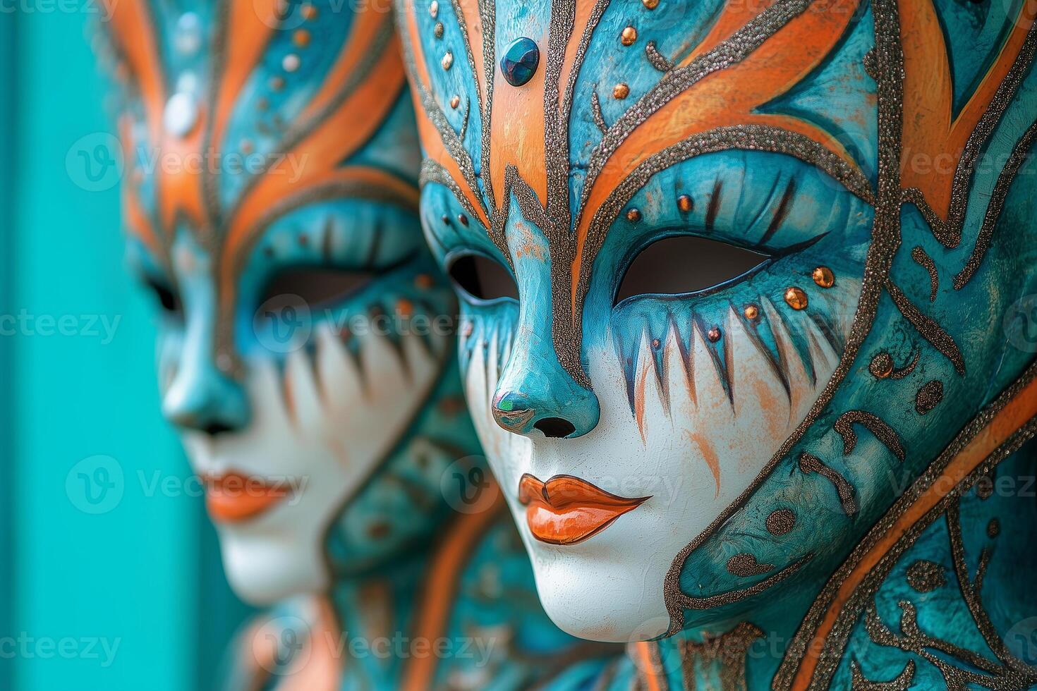 Ornate masks displaying detailed craftsmanship and vivid coloration, symbolizing traditional carnival cultural heritage photo