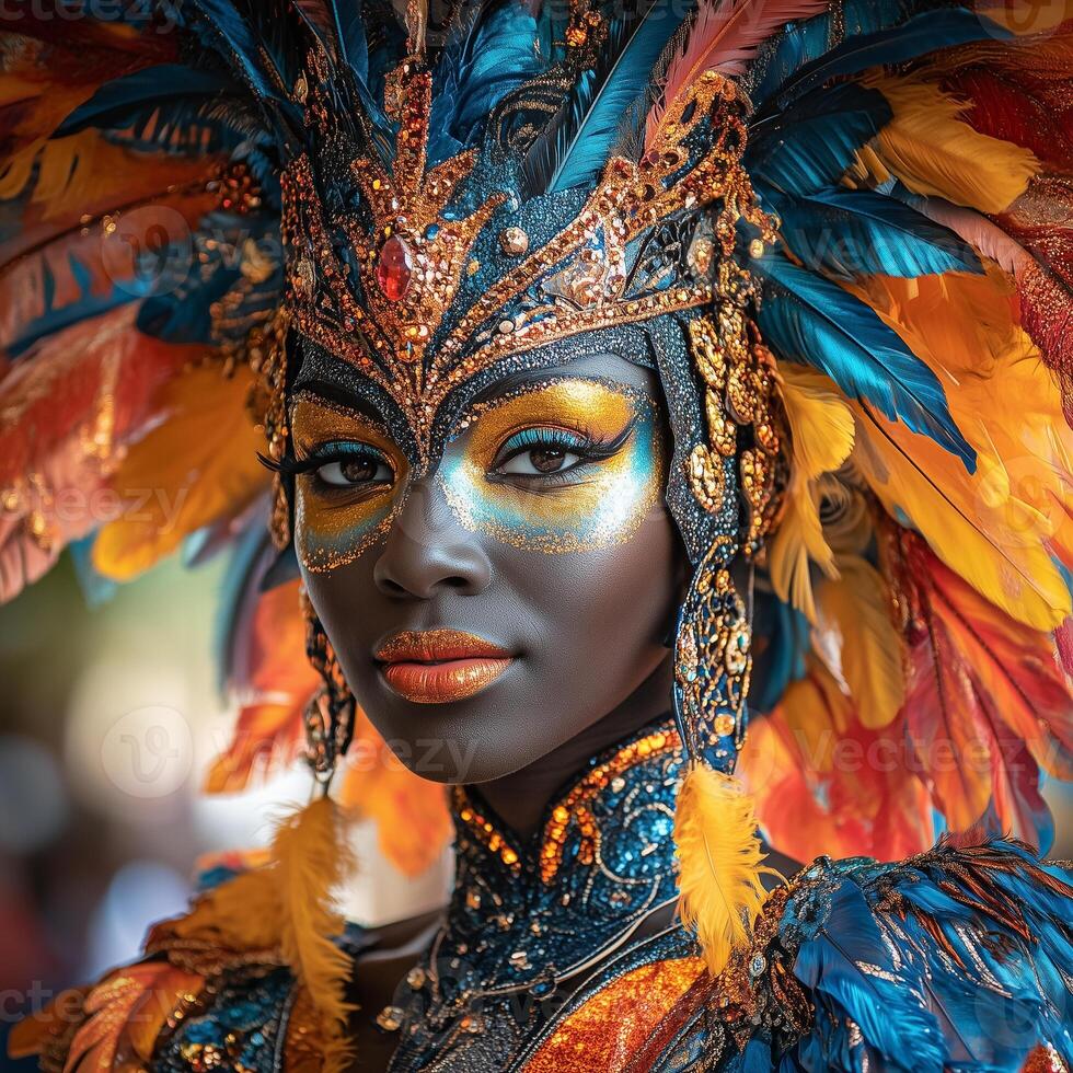 Close up portrait of an african american woman with vibrant makeup and an elaborate headdress, embodying the spirit of carnival photo