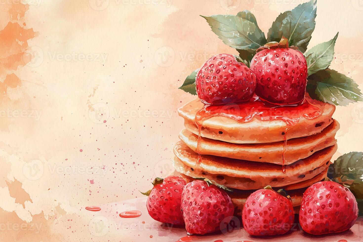 Fluffy pancake stack drizzling with strawberry syrup, garnished with ripe strawberries, highlighting festive shrove tuesday indulgence copy space photo
