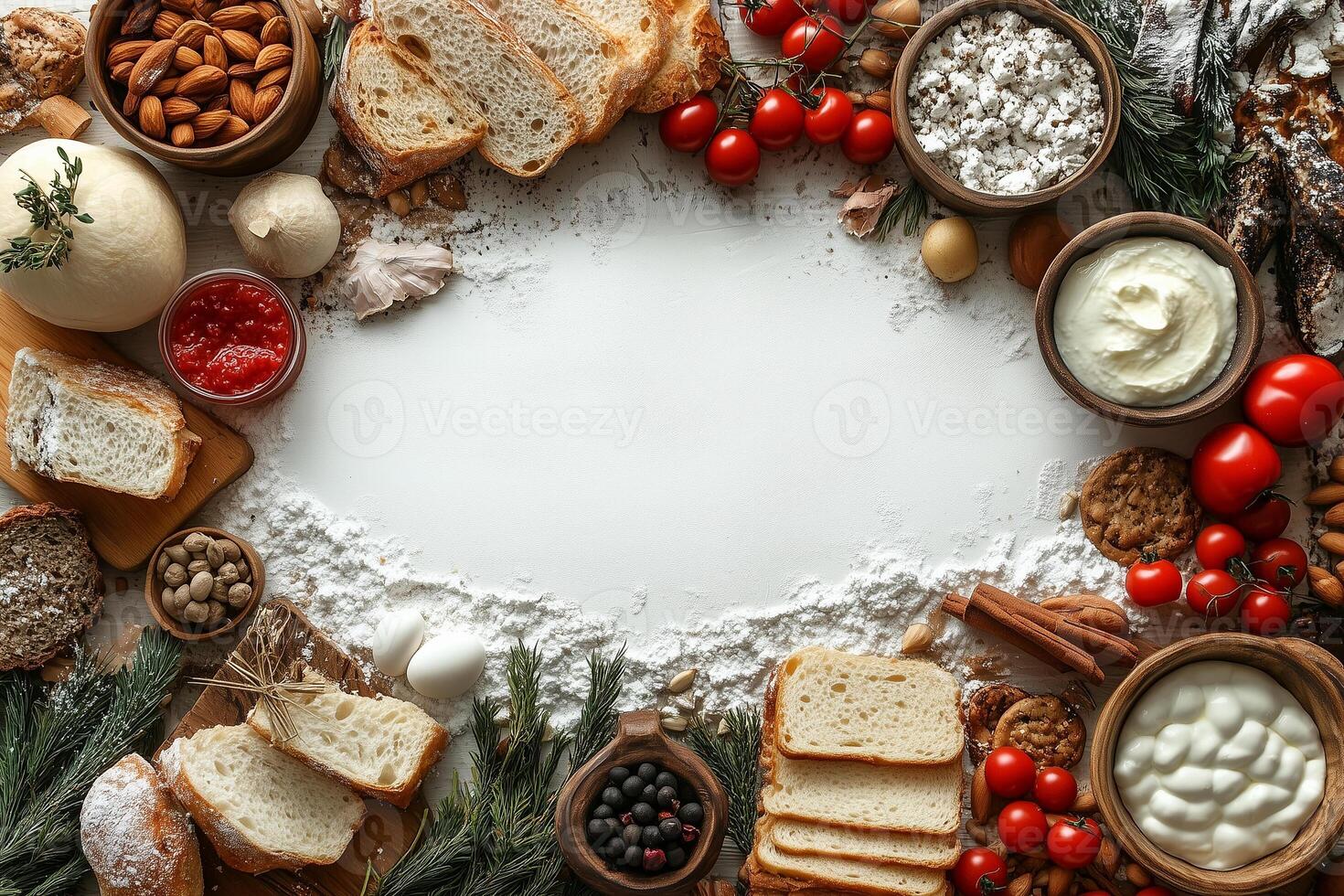 Frame of ingredients surrounding a blank space with flour, perfect for showcasing your shrove tuesday or maslenitsa creations photo