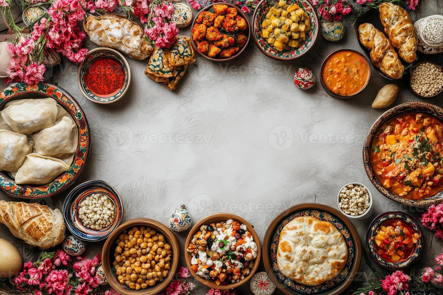 Maslenitsa festive layout featuring traditional blini, colorful eggs, spring blooms surrounding ornate ceramic plate with empty center area top view photo