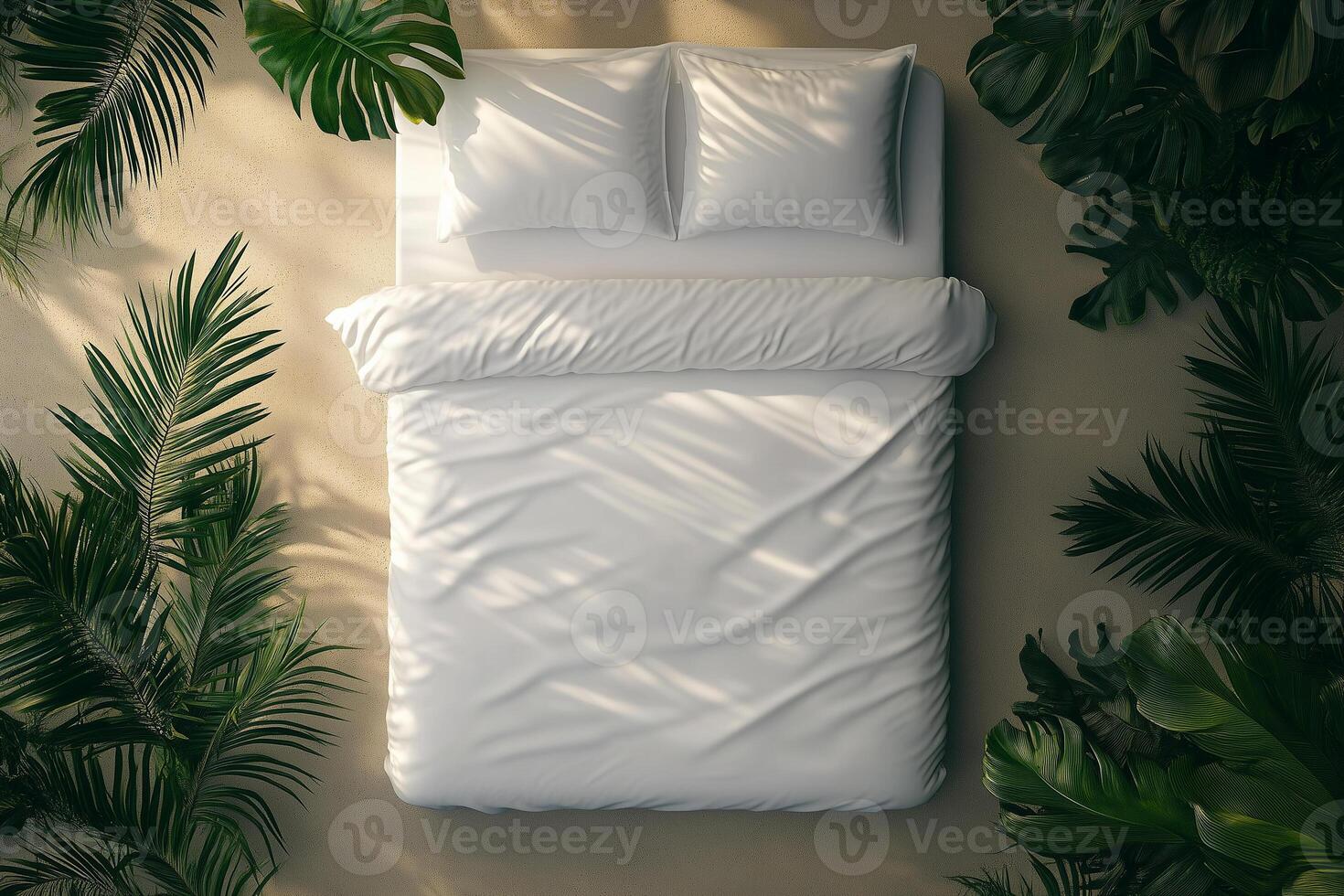 White bed with two pillows and blanket surrounded by tropical plants, promoting sleep hygiene photo