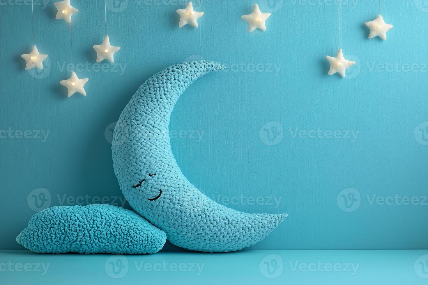 Soft knitted moon, cloud pillows against pastel blue wall, star lights crafting bedroom comfort World Sleep Day photo