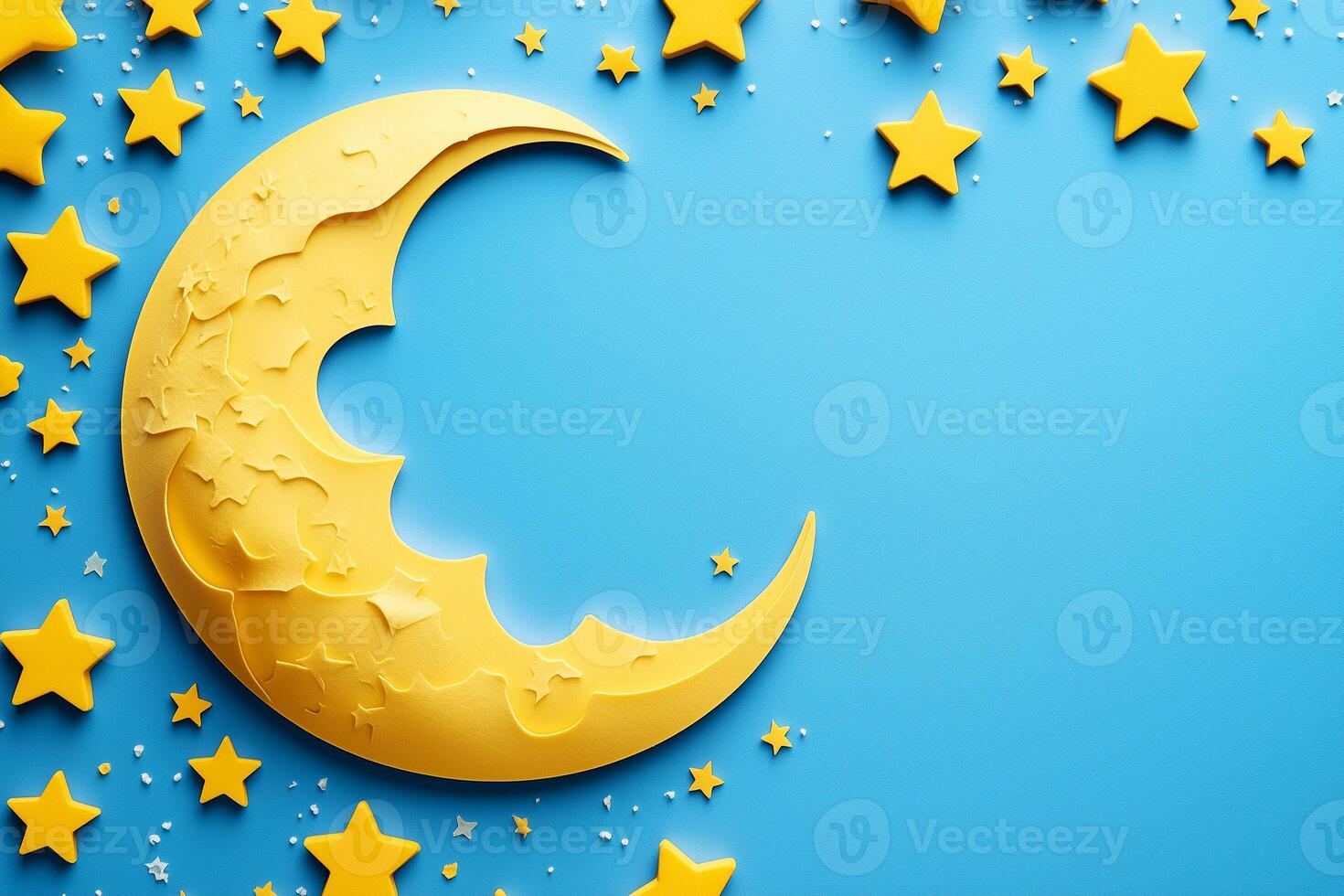 Glowing yellow paper cut moon, stars framing blue backdrop symbolizing nighttime tranquility and restful sleep photo