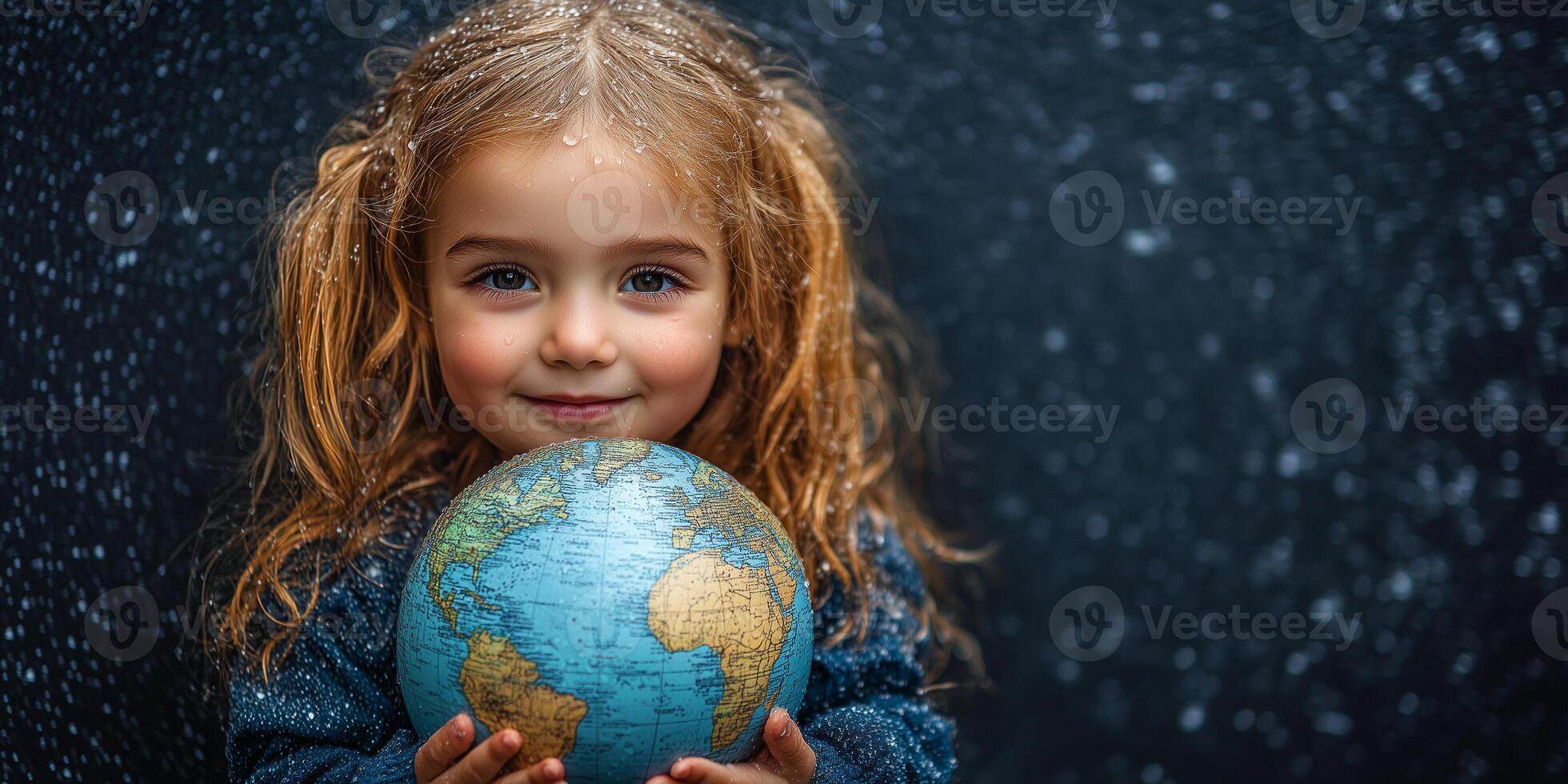 Young girl embracing earth, symbolizing global water conservation awareness against shadowy backdrop copy space photo