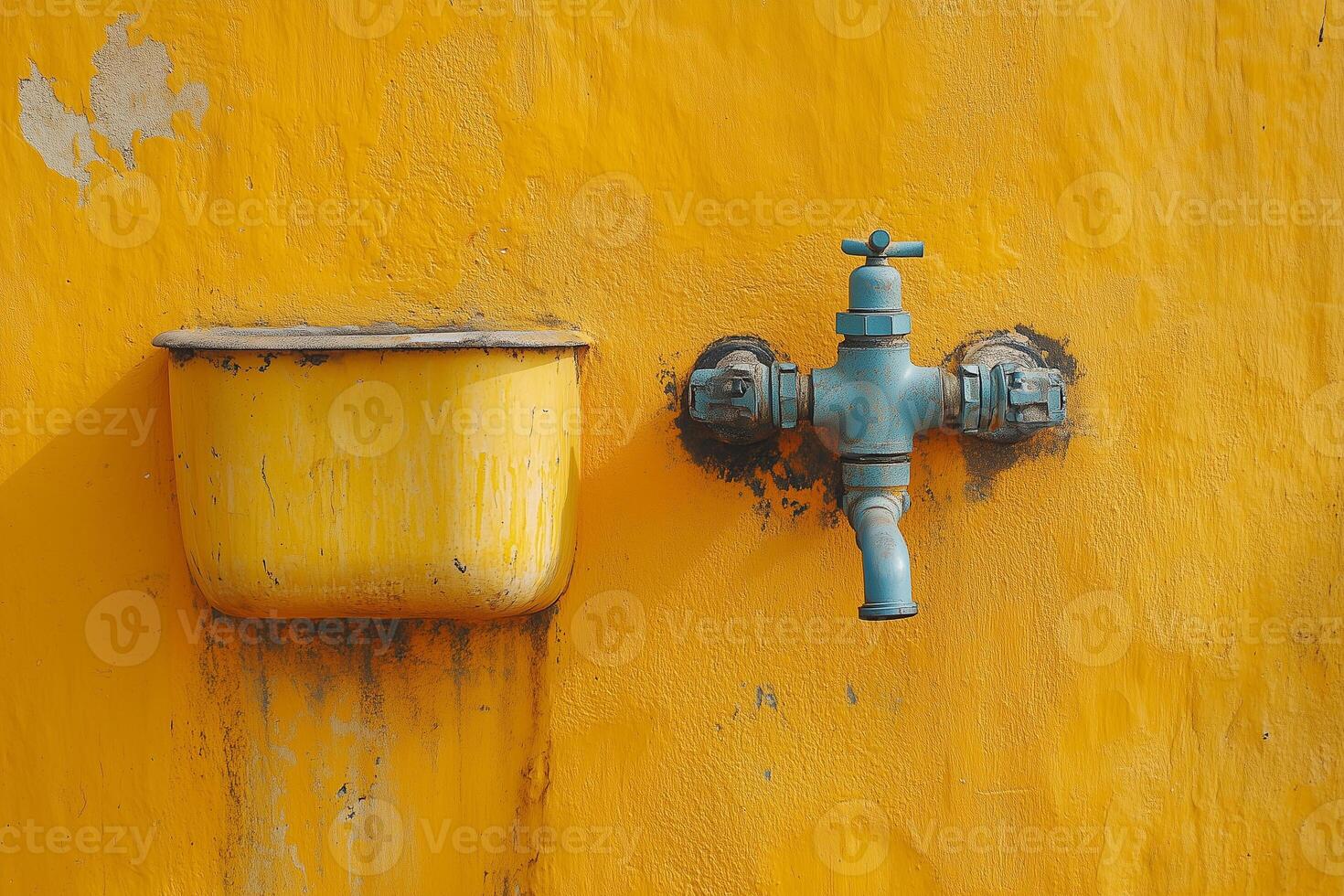 Corroded vintage faucet against peeling yellow wall, water scarcity challenges and environmental resource limitations photo