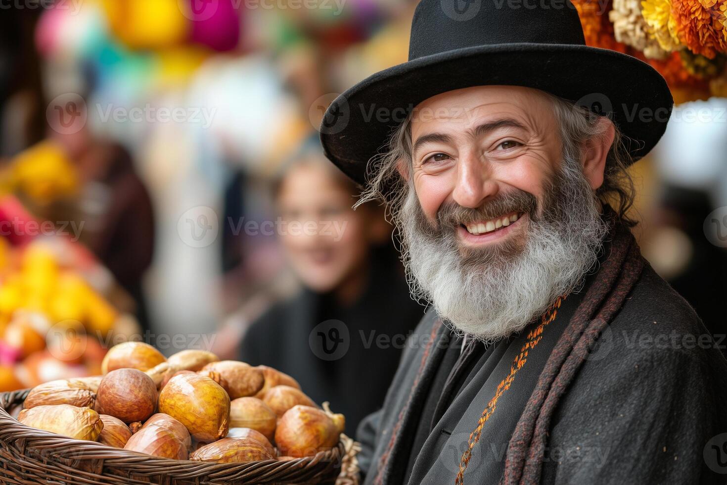 Orthodox jew with a basket of onions smiles during a purim celebration, embodying the spirit of mishloach manot photo