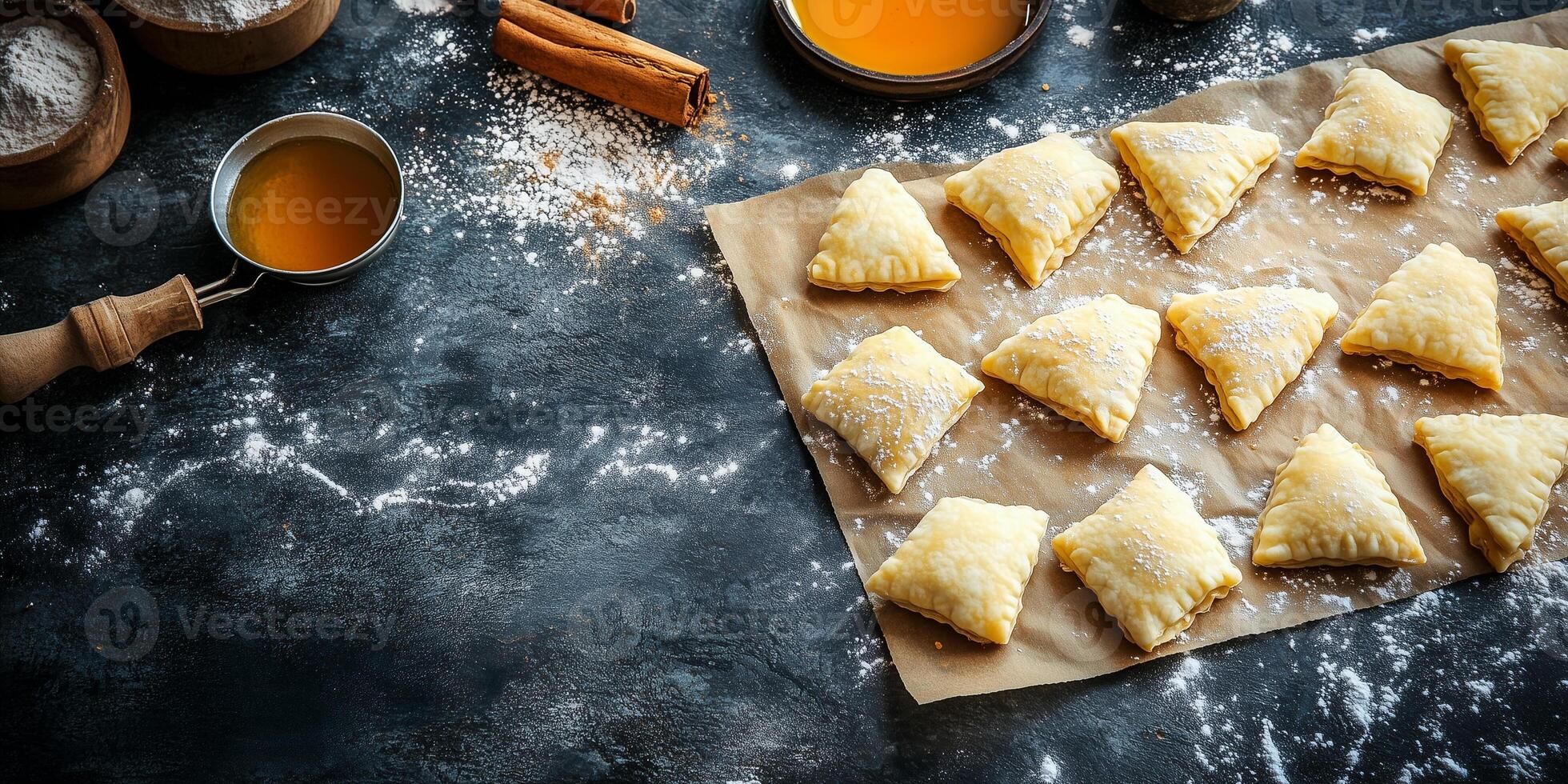 Homemade hamantaschen cookies for Purim, traditional Jewish triangular pastries with powdered sugar on baking paper photo
