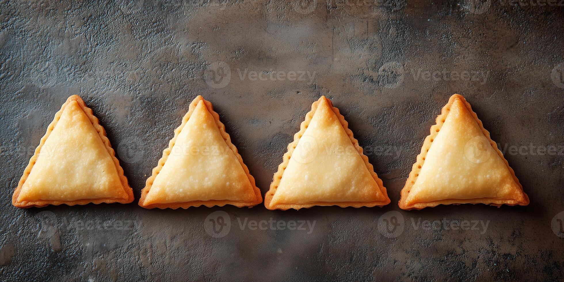 Traditional triangular hamantaschen pastries arranged on a dark surface, representing the jewish holiday of purim copy space photo