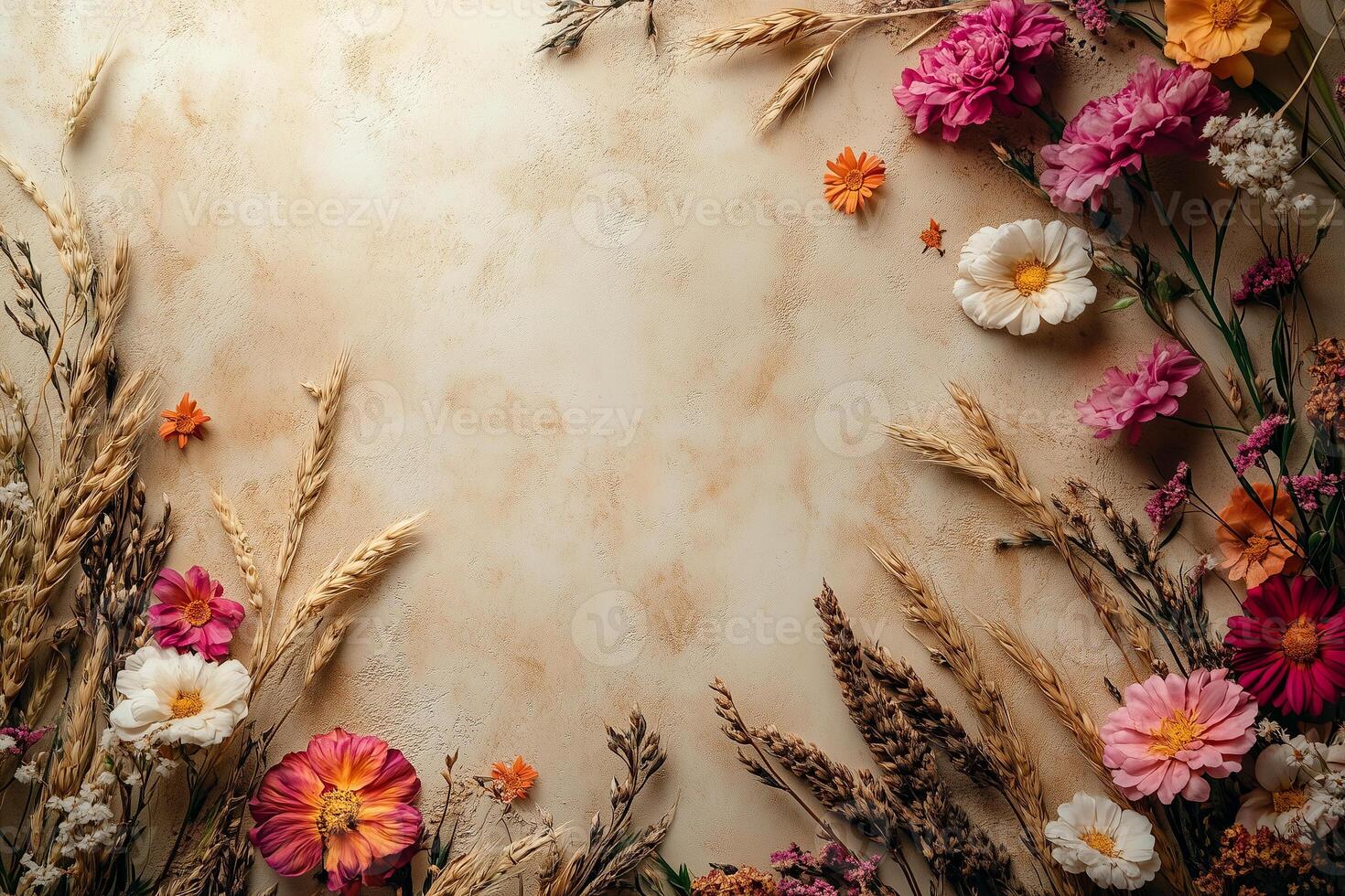 Wildflowers and golden wheat encircling neutral textured surface, providing generous white space for graphic design composition copy space photo
