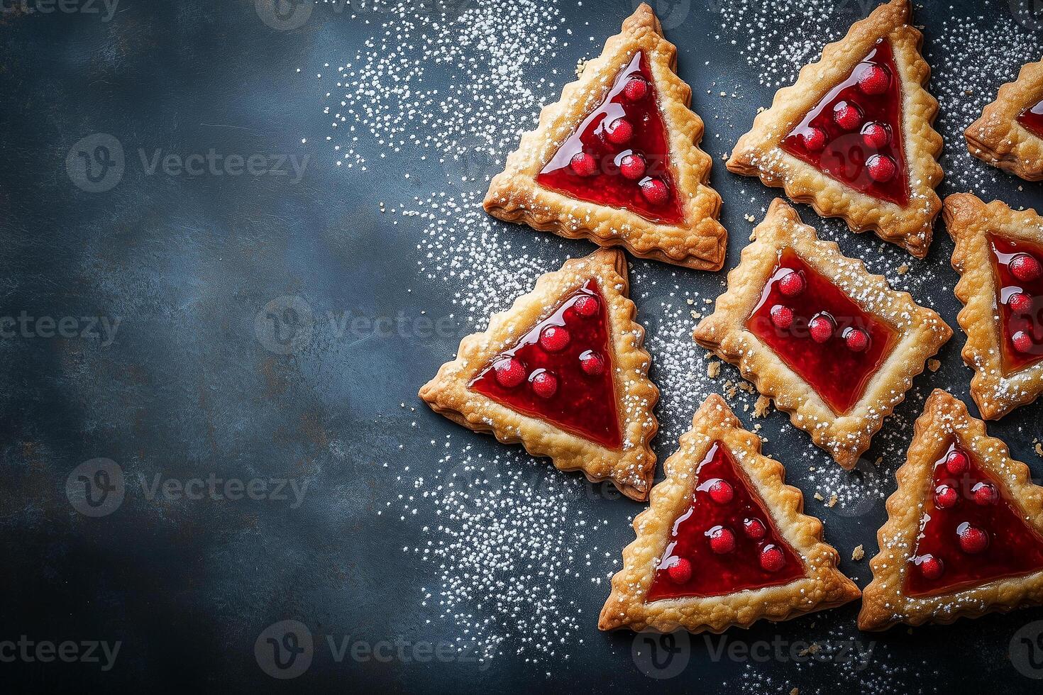 Homemade triangular hamantaschen cookies filled with red fruit preserves and dusted with powdered sugar, arranged on a dark background for purim copy space photo