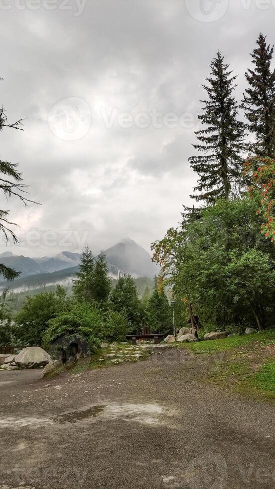 Fog rolling over mountain peak in high tatras, slovakia photo