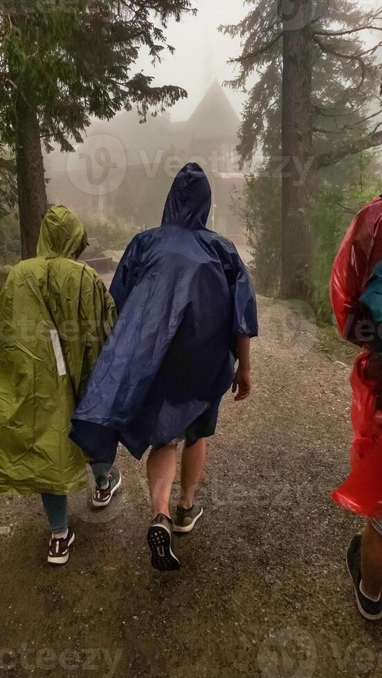 Tourists walking in the rain at strbske pleso in the high tatras mountains photo