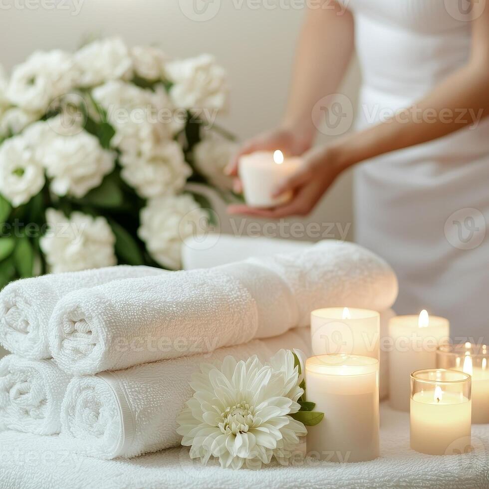 Relaxing spa self-care day concept. Spa setting with candles, towels, and flowers for relaxation and wellness. photo
