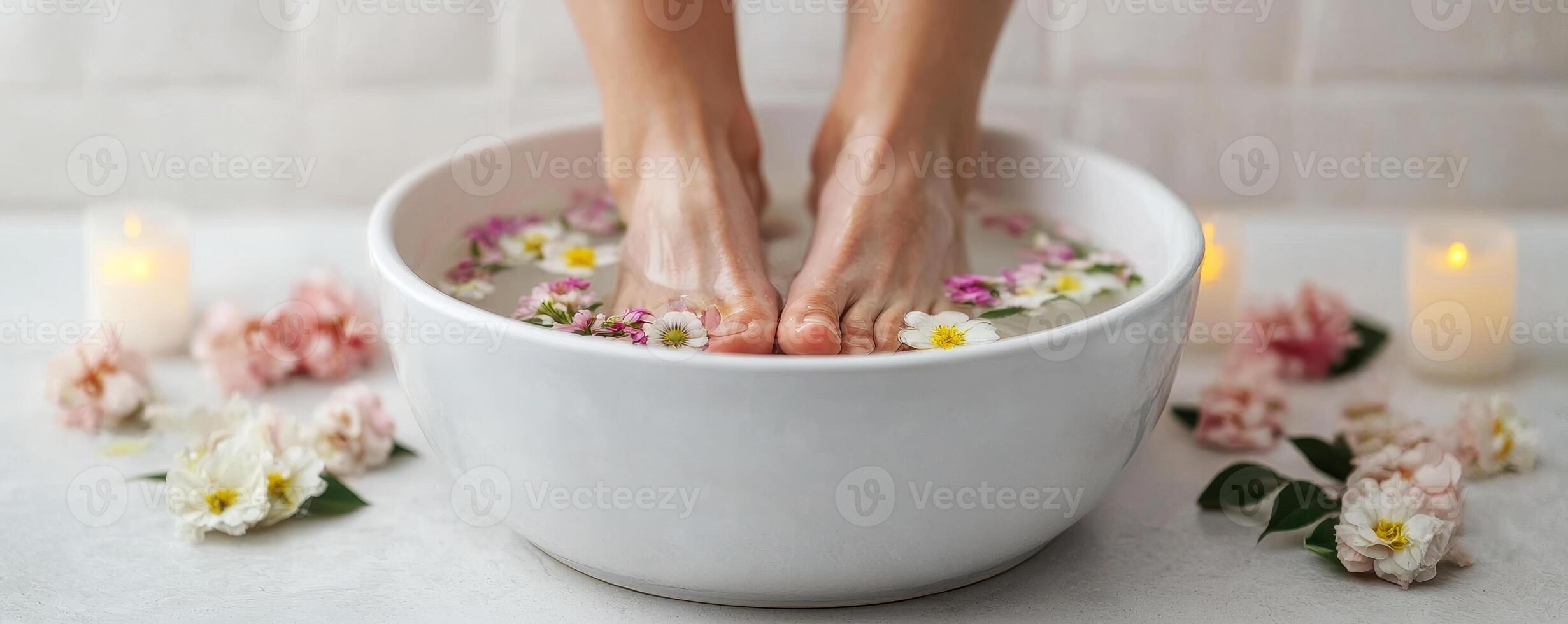 Relaxing spa self-care day concept. Relaxing feet soak with flowers in a bowl, surrounded by candles and floral decor. photo
