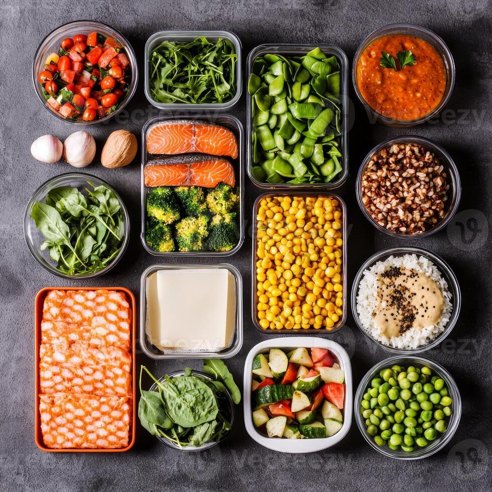 Healthy meal prep inspiration concept. Meal prep containers filled with fresh vegetables, grains, and protein on a dark background. photo