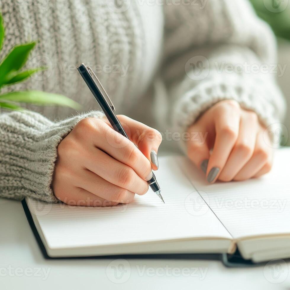 Achieving life goals determination concept. Cozy hands writing in a notebook surrounded by greenery, conveying creativity and relaxation. photo
