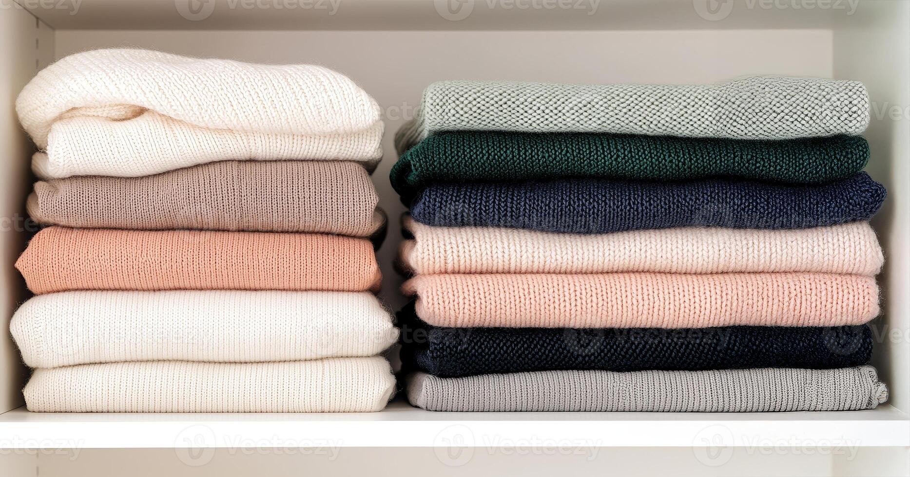 Ethical fashion sustainable materials concept. Neatly stacked sweaters in various colors displayed on a shelf. photo
