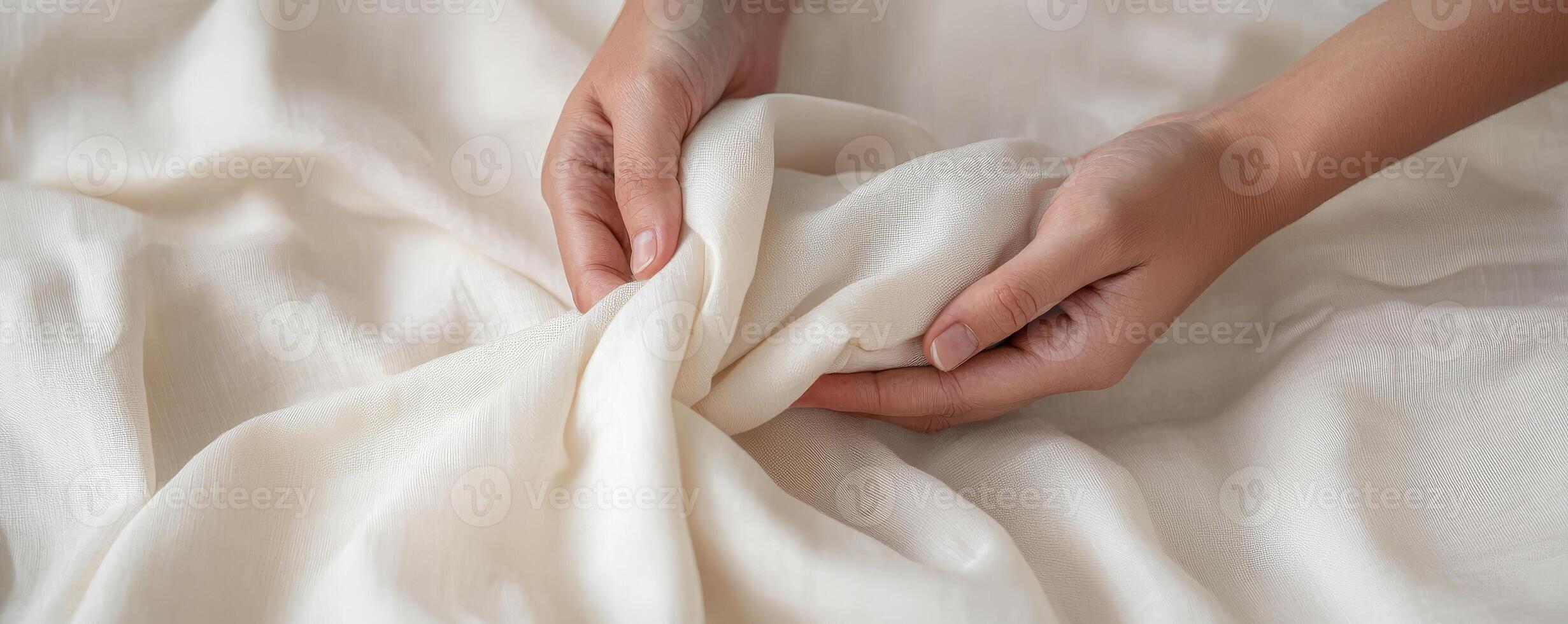 Ethical fashion sustainable materials concept. Soft hands gently touch a textured beige fabric, creating a cozy and inviting atmosphere. photo