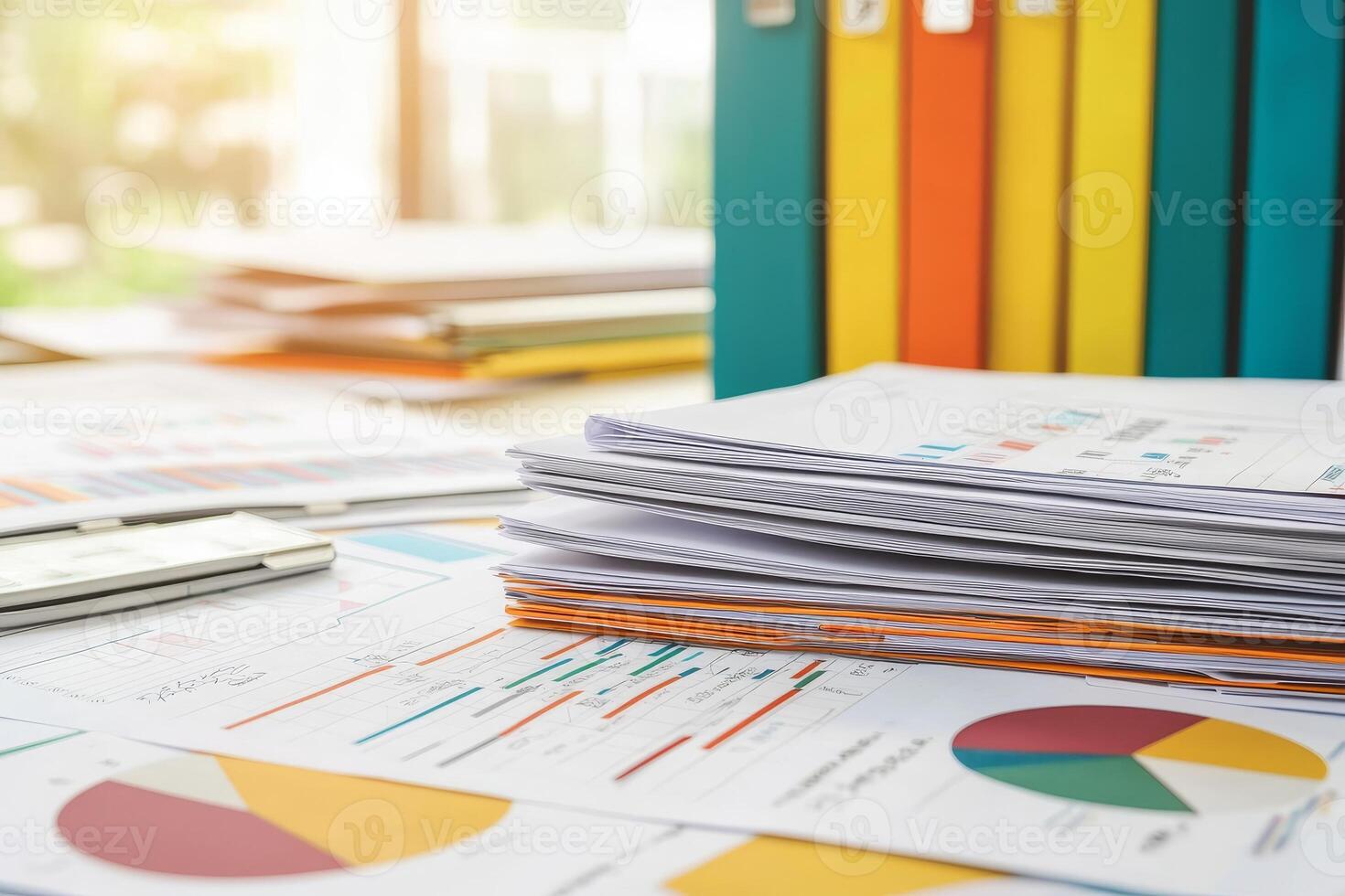 Project management coordination concept. Office workspace cluttered with colorful files, charts, and documents on a desk. photo