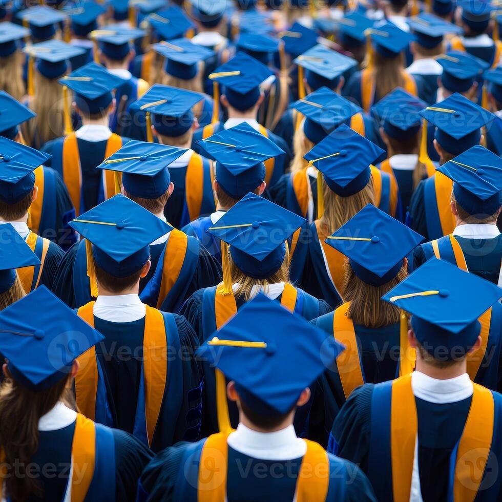 Graduation celebration throwing caps concept. Graduates in caps and gowns celebrating their achievement at a commencement ceremony. photo